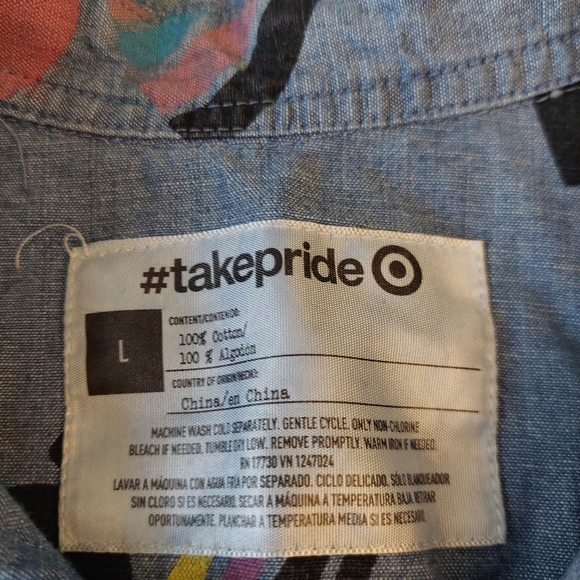 #takepride Geometric Gay Pride Flag Blue Button Up Short Sleeve Shirt Size L - Picture 4 of 10
